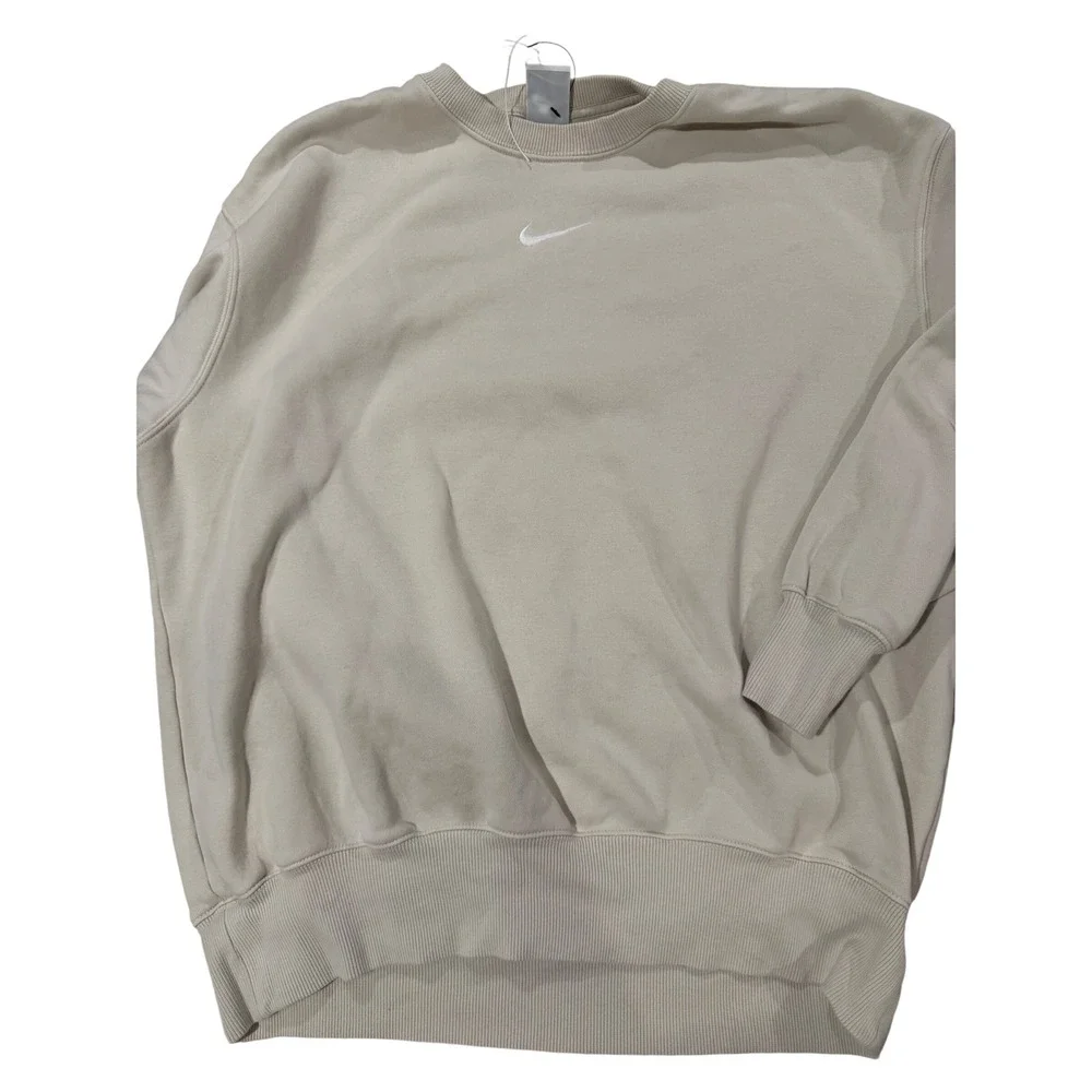 Nike Sweatshirt Oversized Center Swoosh Women SM Beige Crewneck Fleece Pullover